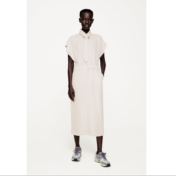 Zara Dresses & Skirts - ZARA Limited Edition Tailored Layered Ecru Cream Corporate Midi Shirt Dress Tie